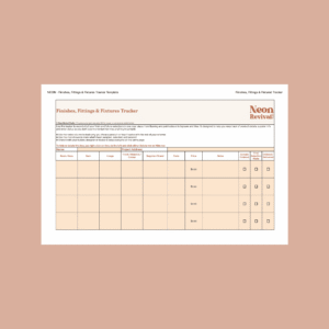 NRS_Finishes, fittings & fixtures tracker Finishes, Fittings and Fixtures Tracker template by Neon Revival Studio, showing a structured table layout for recording product selections, suppliers, and status during a renovation
