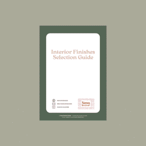 NRS_Interior finishes selection guide Cover of the Interior Finishes Selection Guide by Neon Revival Studio, featuring muted green and blush tones with contact details and logo